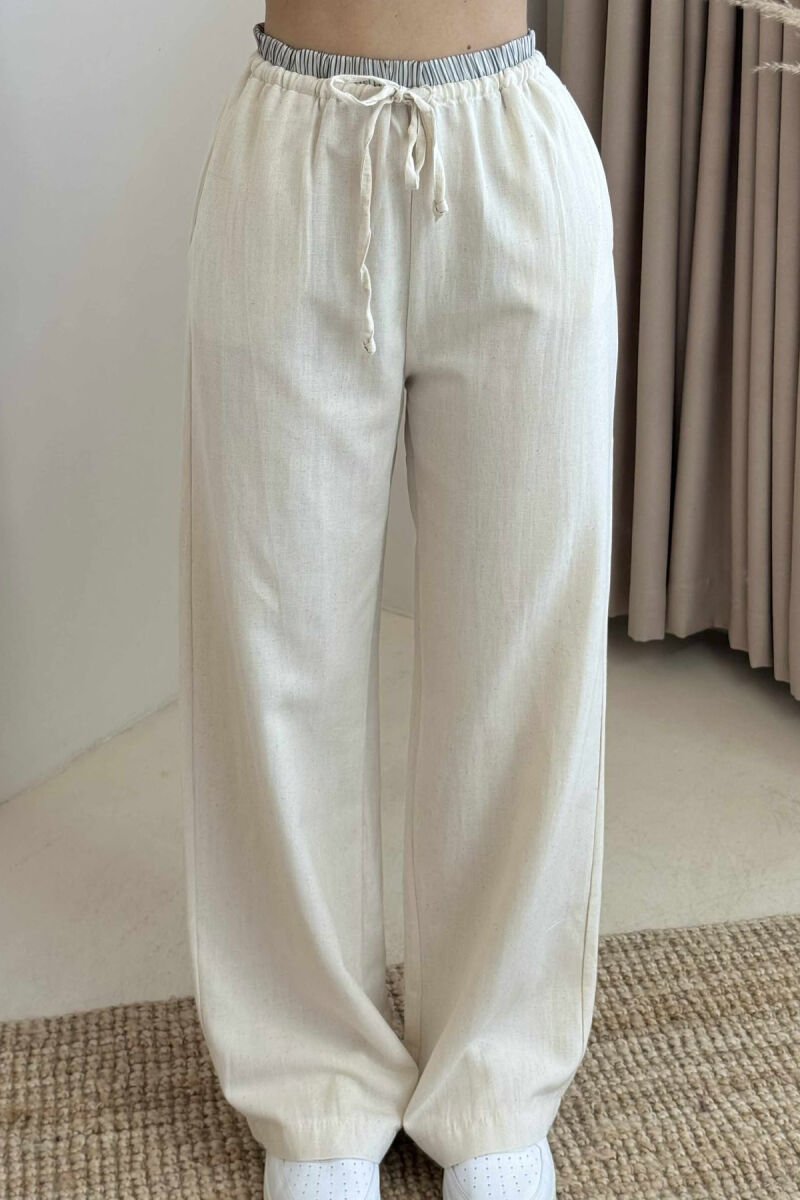 WIDE LEG ELASTIC WAIST WOMEN TROUSERS CREAM/KREM - 3