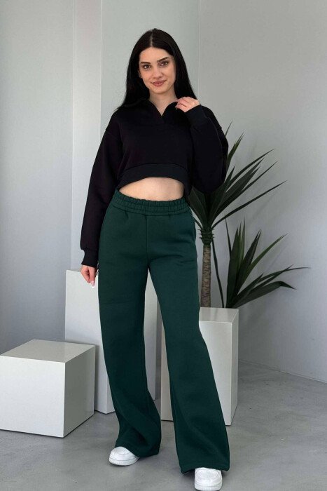 WIDE LEG FLUFFY WOMEN SWEATPANTS DARK GREEN/JEE - KLAUDIO FASHION