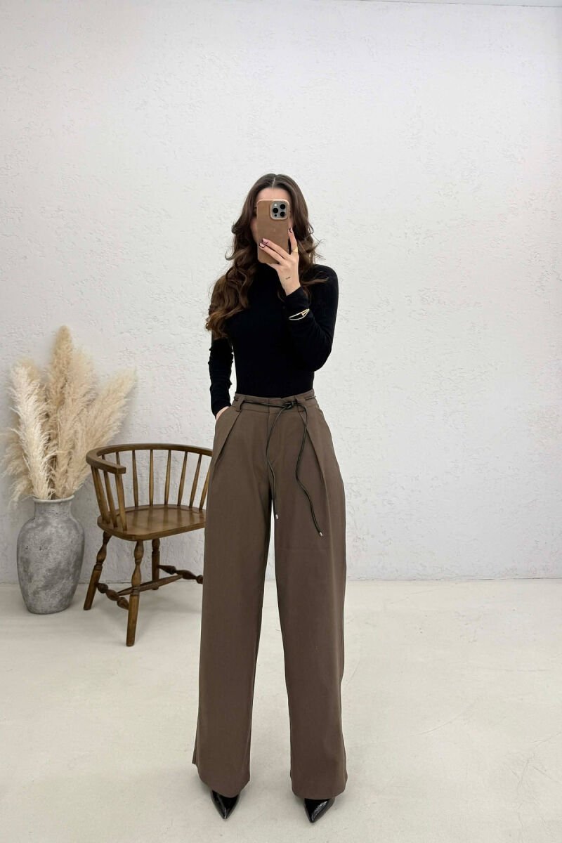 WIDE LEG LEATHER BELT WOMAN TROUSERS BROWN/KAFE - 1