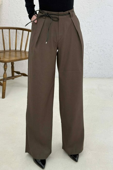 WIDE LEG LEATHER BELT WOMAN TROUSERS BROWN/KAFE - 3