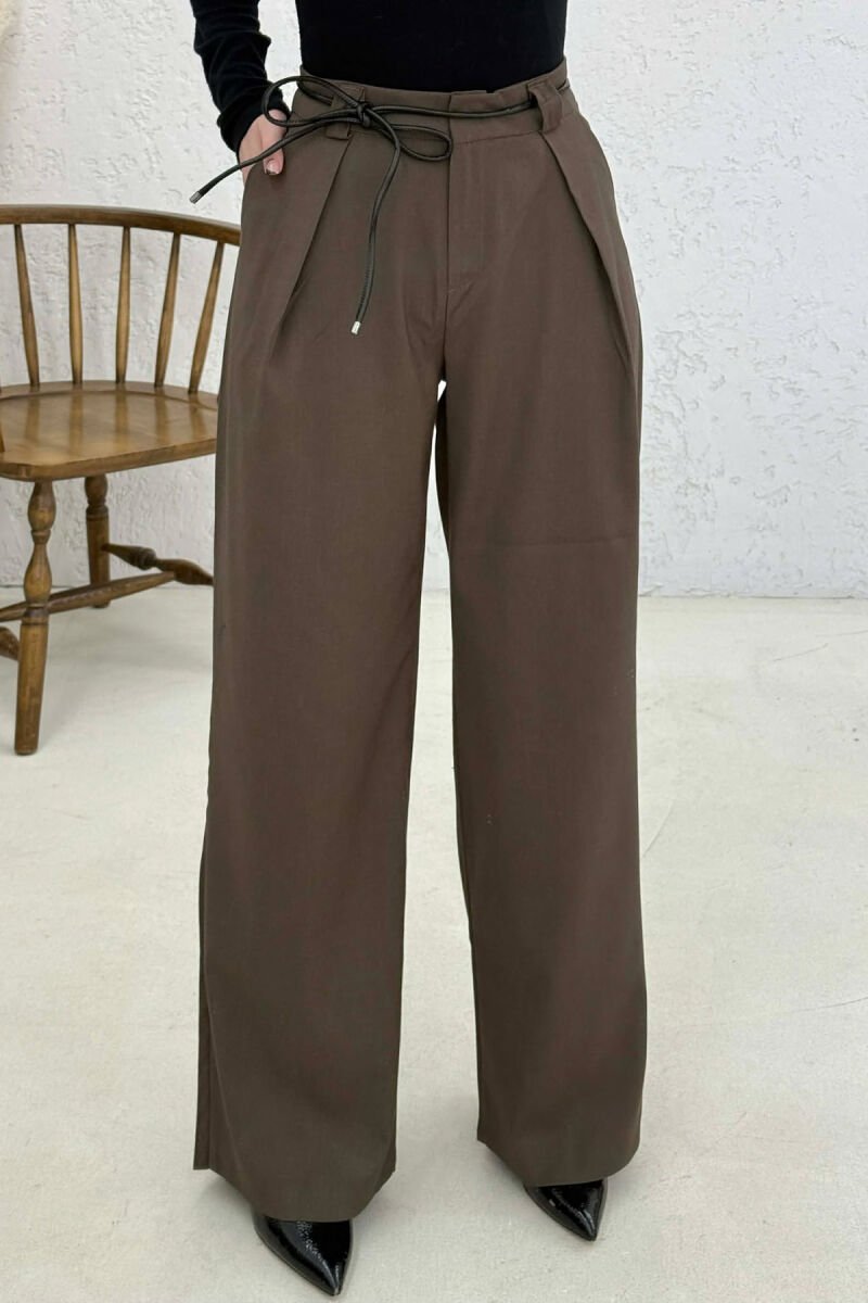 WIDE LEG LEATHER BELT WOMAN TROUSERS BROWN/KAFE - 3