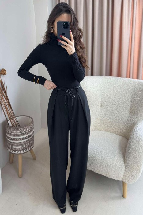 WIDE LEG LEATHER BELT WOMAN TROUSERS BLACK/ E ZEZE 