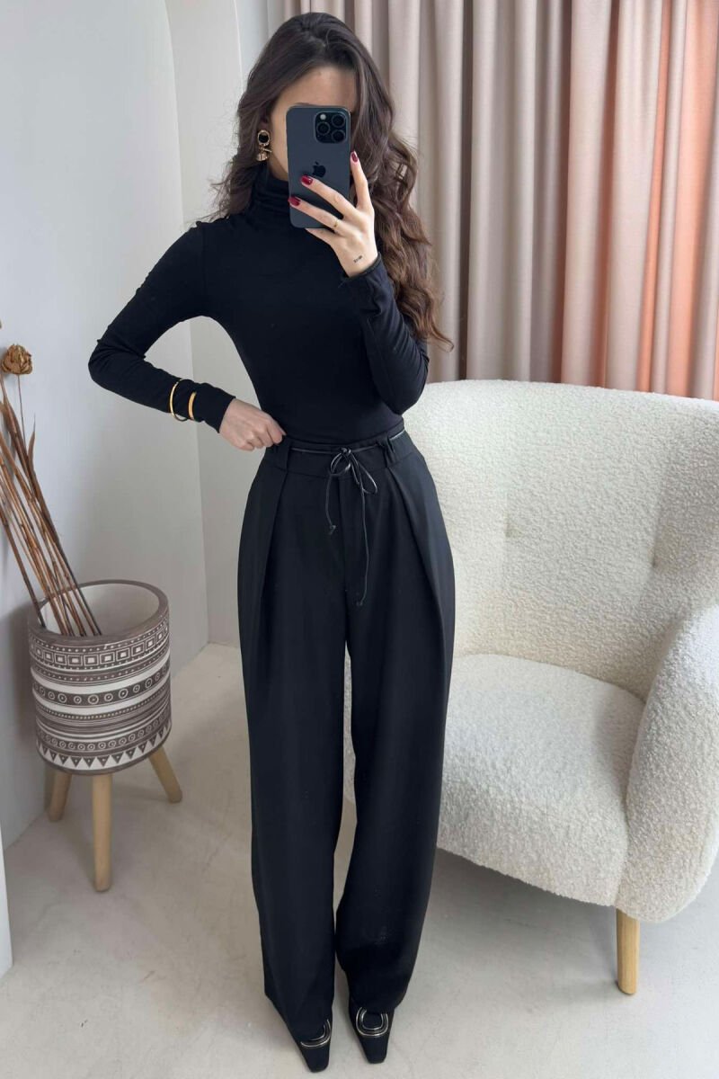 WIDE LEG LEATHER BELT WOMAN TROUSERS BLACK/ E ZEZE - 1