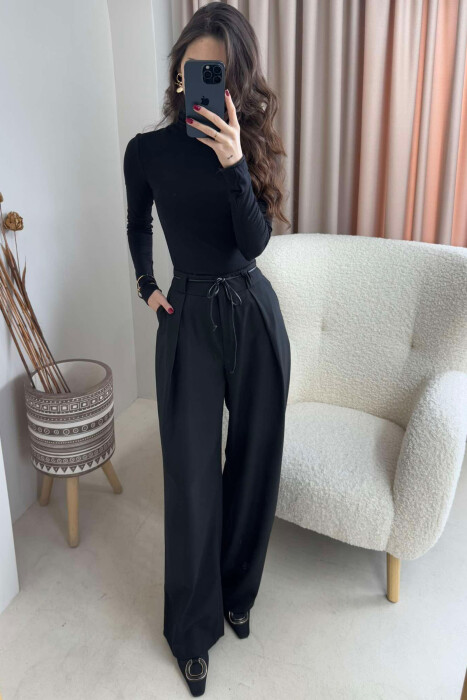WIDE LEG LEATHER BELT WOMAN TROUSERS BLACK/ E ZEZE - 2