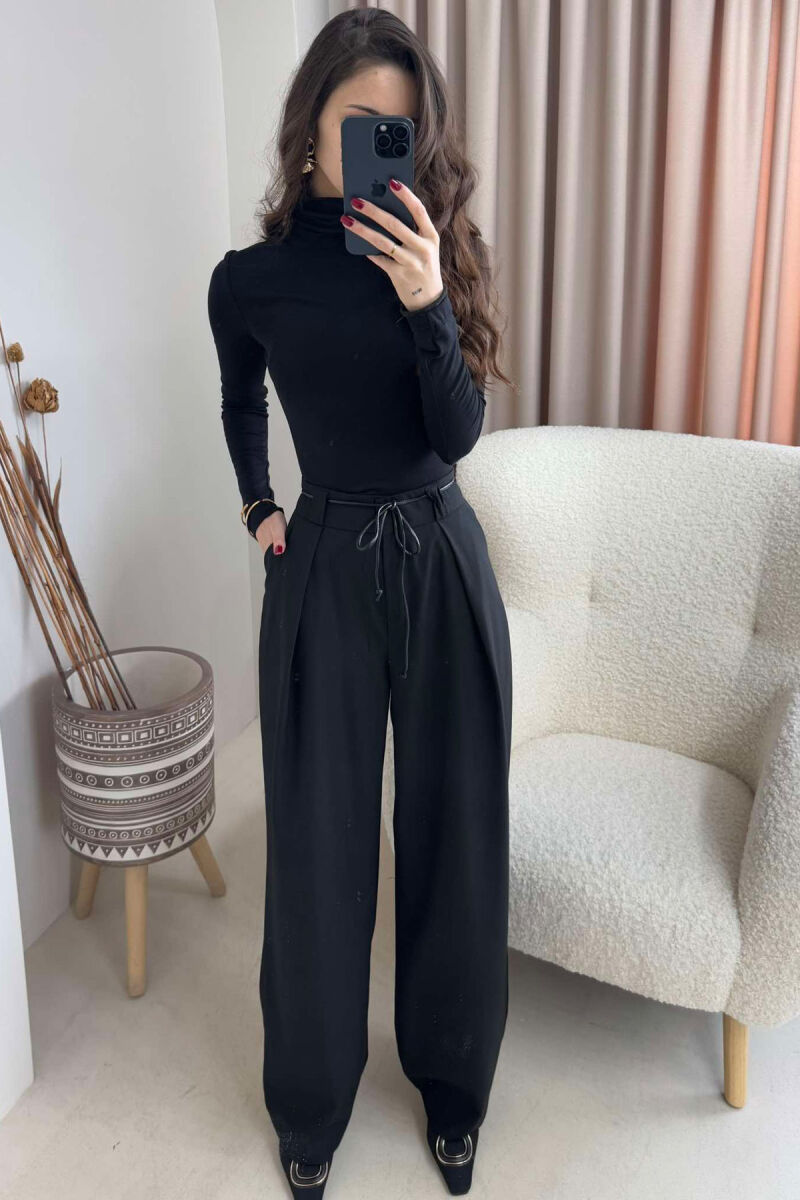 WIDE LEG LEATHER BELT WOMAN TROUSERS BLACK/ E ZEZE - 3