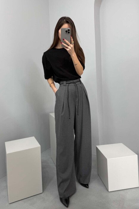 WIDE LEG LEATHER BELT WOMAN TROUSERS DARK GREY/GEE 