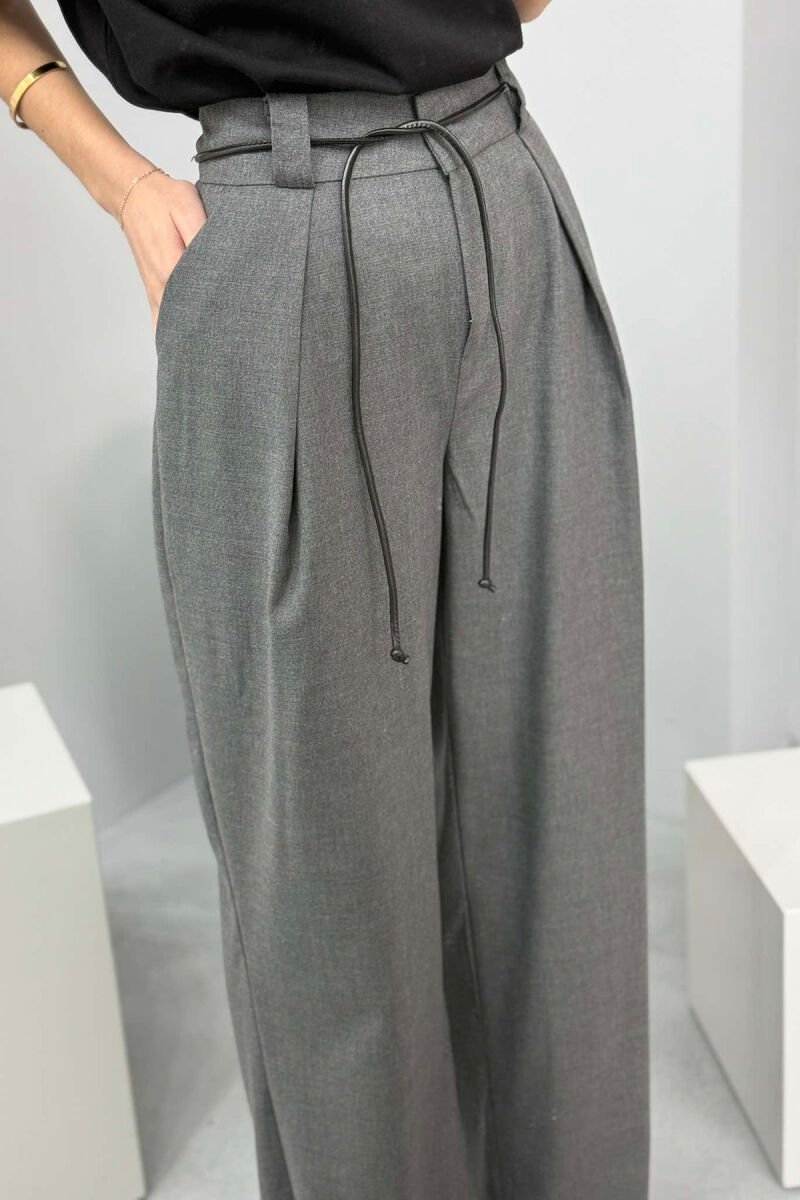 WIDE LEG LEATHER BELT WOMAN TROUSERS DARK GREY/GEE - 4