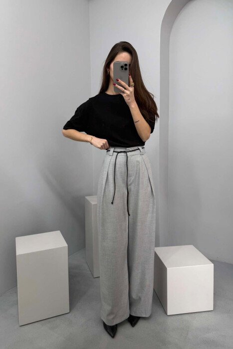 WIDE LEG LEATHER BELT WOMAN TROUSERS GREY/GRI 
