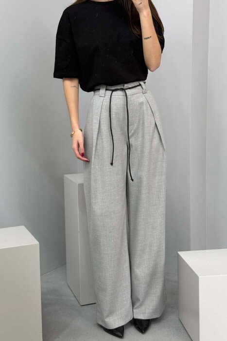WIDE LEG LEATHER BELT WOMAN TROUSERS GREY/GRI - 2