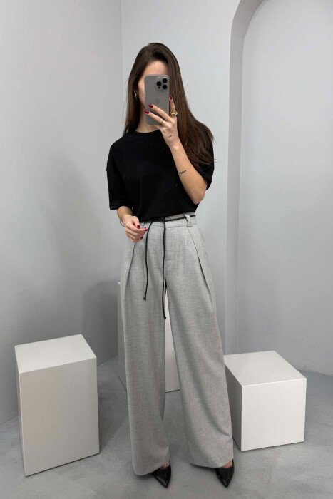 WIDE LEG LEATHER BELT WOMAN TROUSERS GREY/GRI - 4