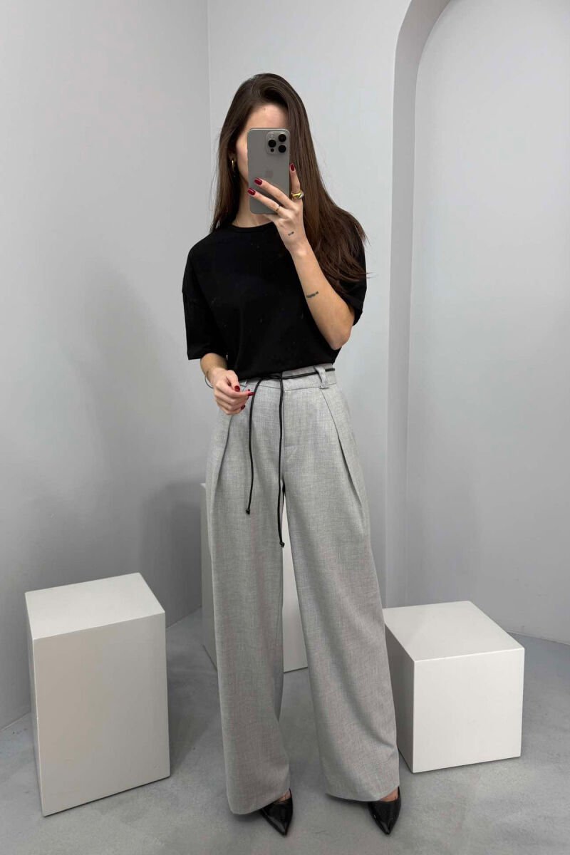 WIDE LEG LEATHER BELT WOMAN TROUSERS GREY/GRI - 4