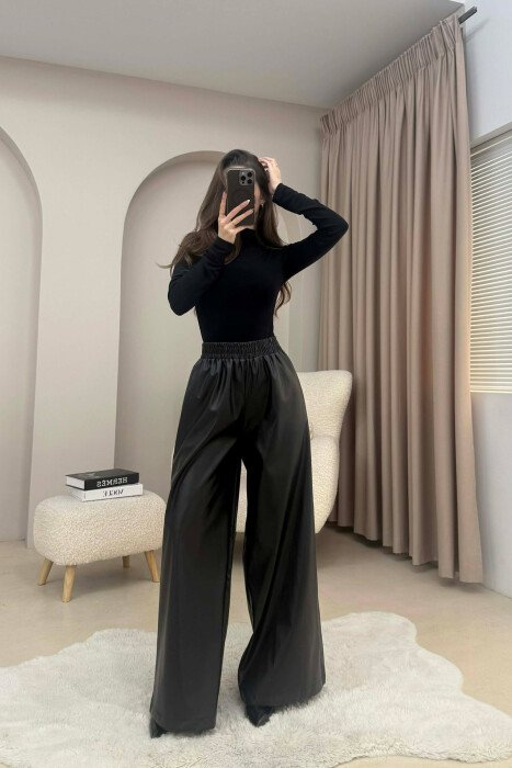 WIDE LEG LEATHER WOMAN PANTS BLACK/ E ZEZE - KLAUDIO FASHION
