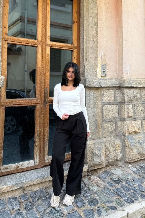 WIDE LEG ONE COLOR BELT DETAIL WOMAN TROUSERS BLACK/ E ZEZE 