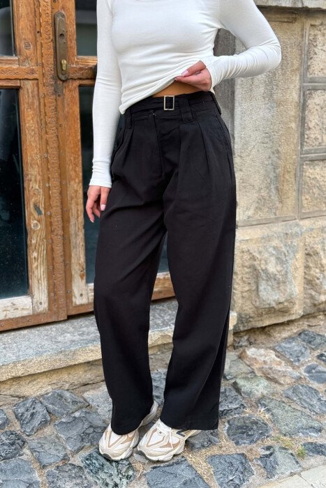 WIDE LEG ONE COLOR BELT DETAIL WOMAN TROUSERS BLACK/ E ZEZE - 2