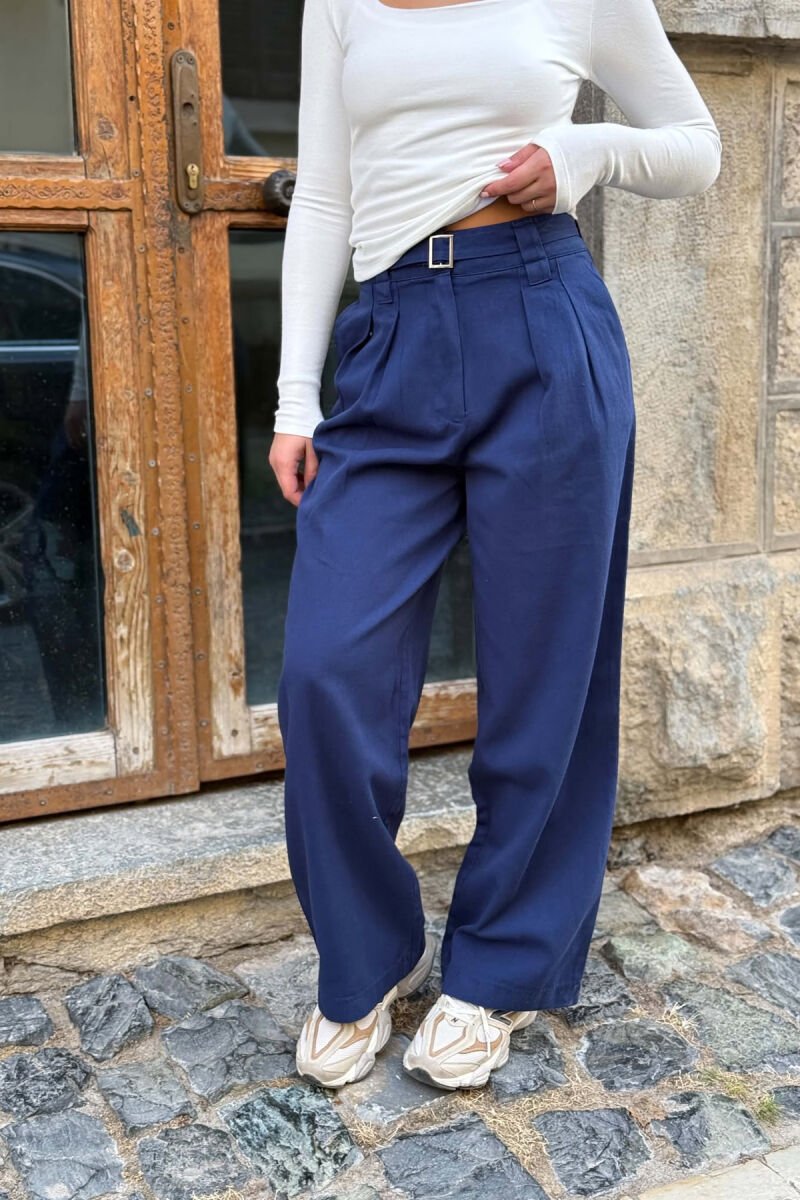 WIDE LEG ONE COLOR BELT DETAIL WOMAN TROUSERS BLUE/BLU - 2