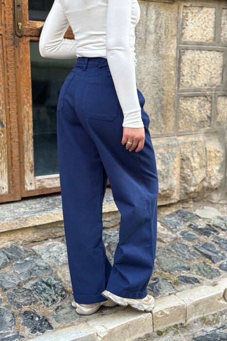 WIDE LEG ONE COLOR BELT DETAIL WOMAN TROUSERS BLUE/BLU - 3