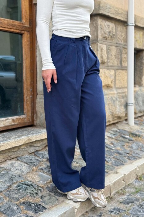 WIDE LEG ONE COLOR BELT DETAIL WOMAN TROUSERS BLUE/BLU - 4