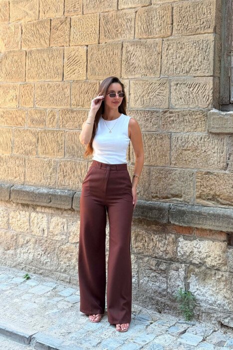 WIDE LEG ONE COLOR SIMPLE WOMAN TROUSERS BROWN/KAFE - KLAUDIO FASHION