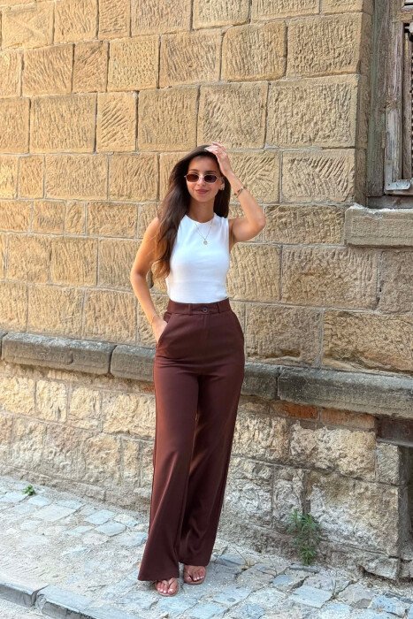 WIDE LEG ONE COLOR SIMPLE WOMAN TROUSERS BROWN/KAFE - 2