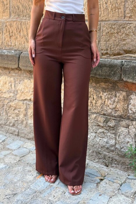 WIDE LEG ONE COLOR SIMPLE WOMAN TROUSERS BROWN/KAFE - 3