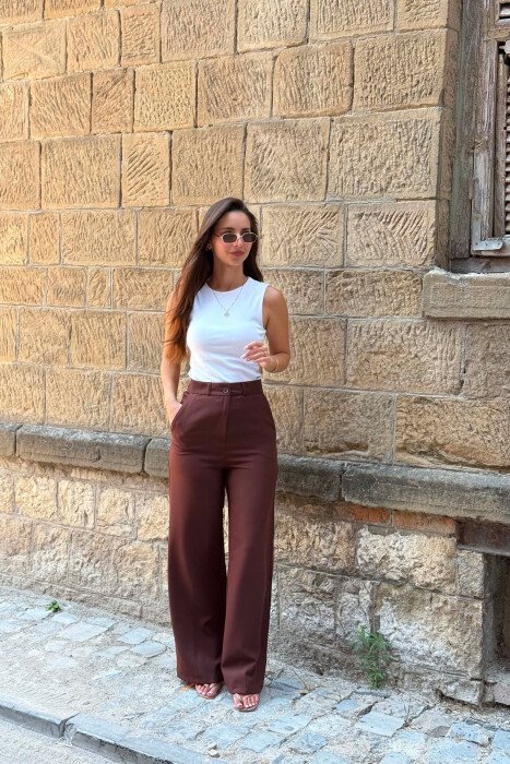WIDE LEG ONE COLOR SIMPLE WOMAN TROUSERS BROWN/KAFE - 4
