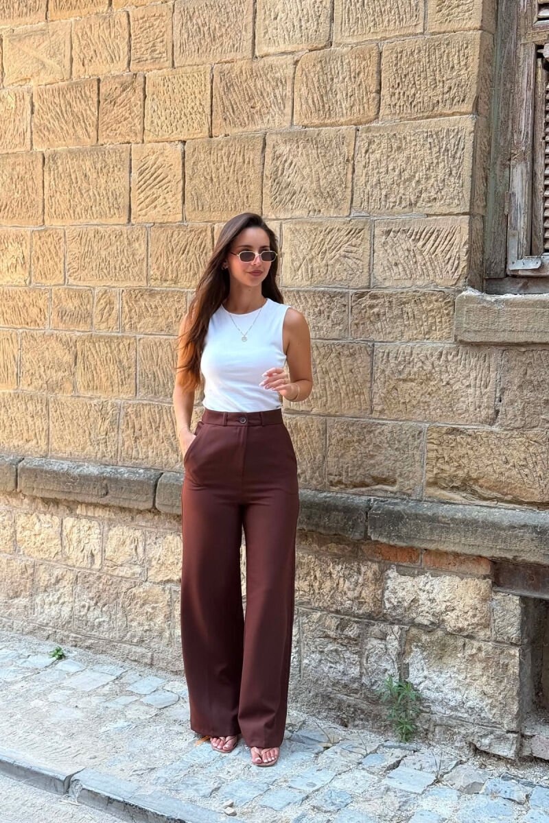 WIDE LEG ONE COLOR SIMPLE WOMAN TROUSERS BROWN/KAFE - 4
