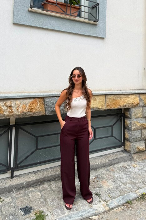WIDE LEG ONE COLOR SIMPLE WOMAN TROUSERS BURGUNDY/VISHNJE - KLAUDIO FASHION
