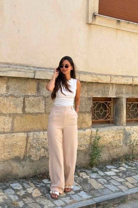 WIDE LEG ONE COLOR SIMPLE WOMAN TROUSERS CREAM/KREM - KLAUDIO FASHION