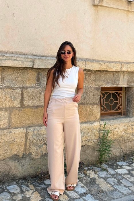 WIDE LEG ONE COLOR SIMPLE WOMAN TROUSERS CREAM/KREM - 6