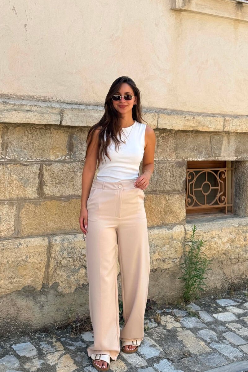 WIDE LEG ONE COLOR SIMPLE WOMAN TROUSERS CREAM/KREM - 6
