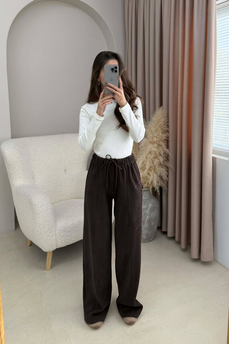 WIDE LEG ONE COLOR SIMPLE WOMEN SWEATPANTS DARK BROWN/KAE - 3