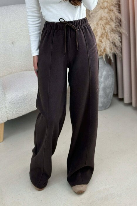 WIDE LEG ONE COLOR SIMPLE WOMEN SWEATPANTS DARK BROWN/KAE - 1