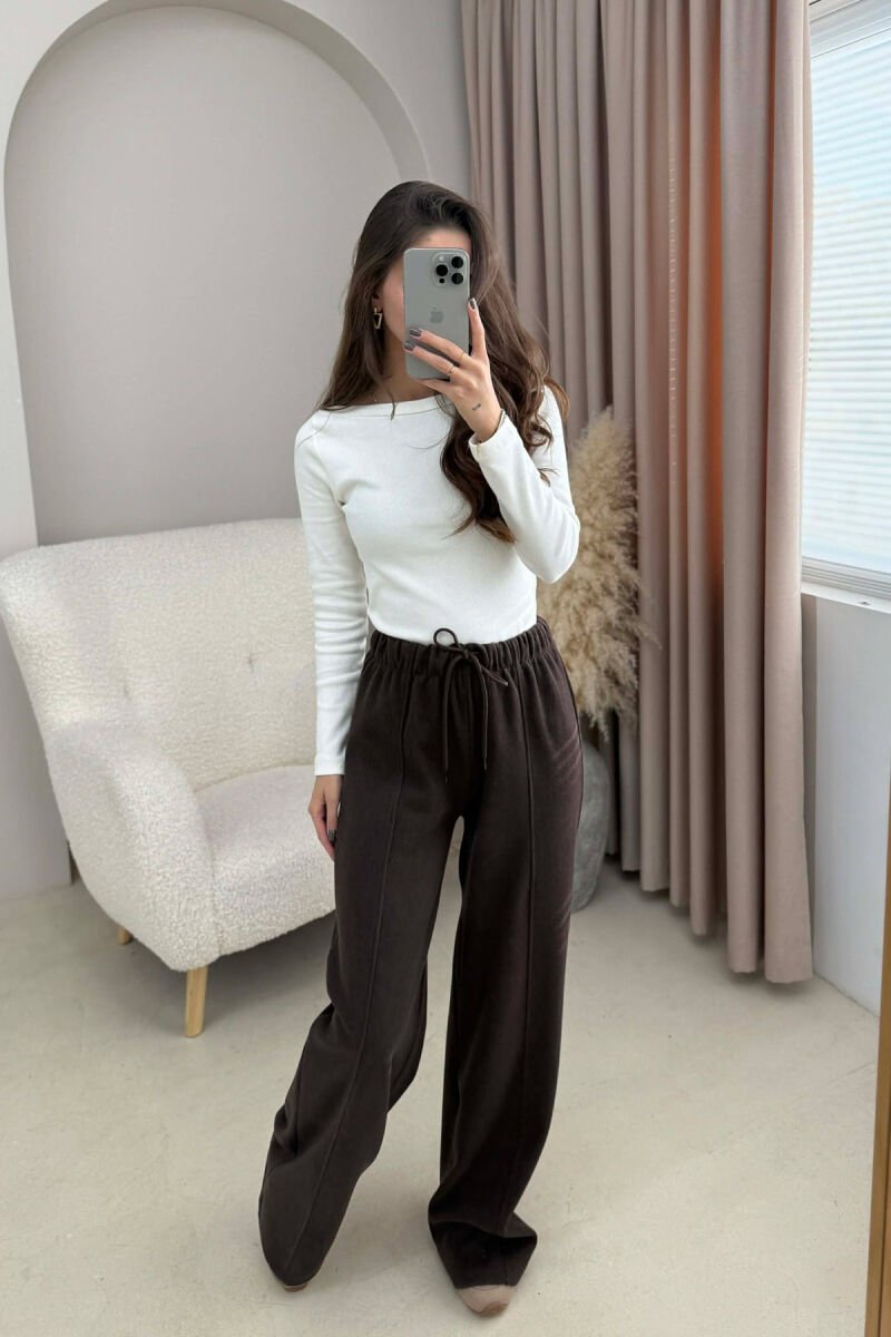 WIDE LEG ONE COLOR SIMPLE WOMEN SWEATPANTS DARK BROWN/KAE - 2
