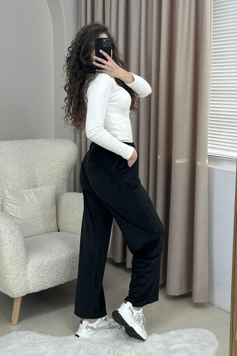 WIDE LEG ONE COLOR VELVET WOMEN SWEATPANTS BLACK/ E ZEZE - 6
