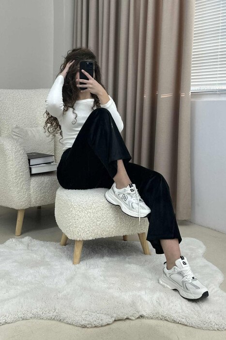 WIDE LEG ONE COLOR VELVET WOMEN SWEATPANTS BLACK/ E ZEZE - 2