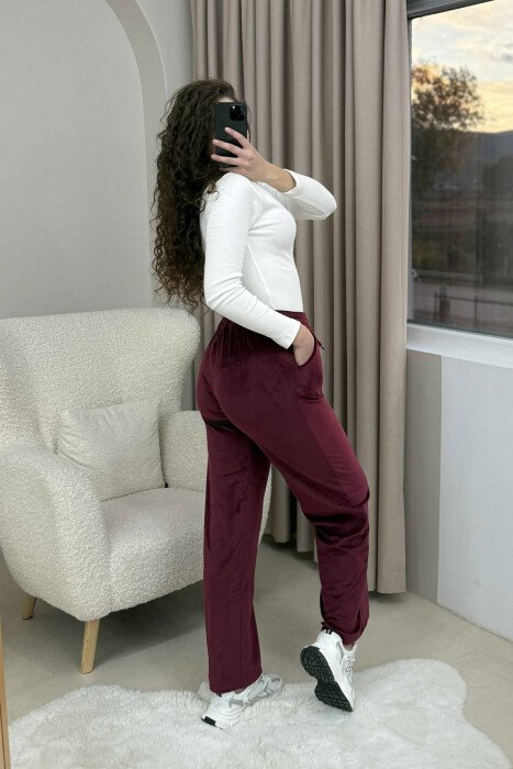WIDE LEG ONE COLOR VELVET WOMEN SWEATPANTS BURGUNDY/VISHNJE - 3