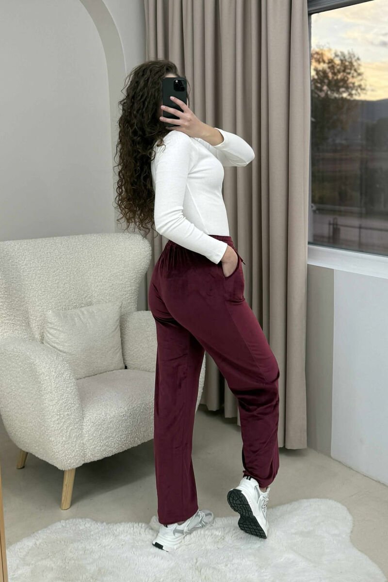 WIDE LEG ONE COLOR VELVET WOMEN SWEATPANTS BURGUNDY/VISHNJE - 3