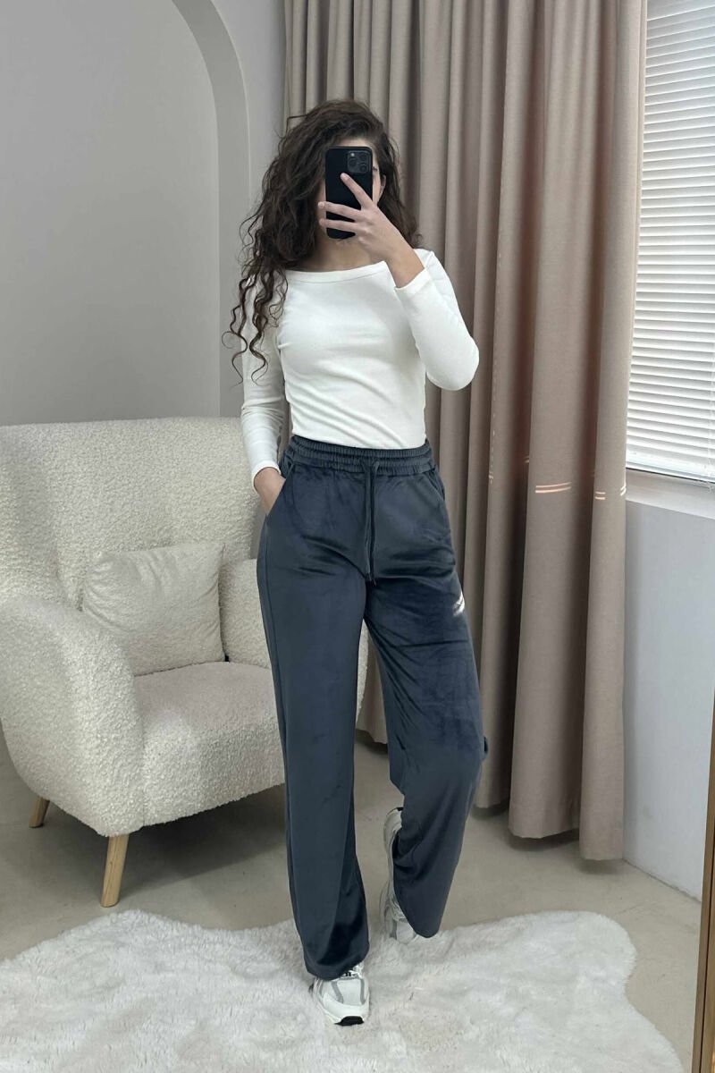 WIDE LEG ONE COLOR VELVET WOMEN SWEATPANTS GREY/GRI - 2