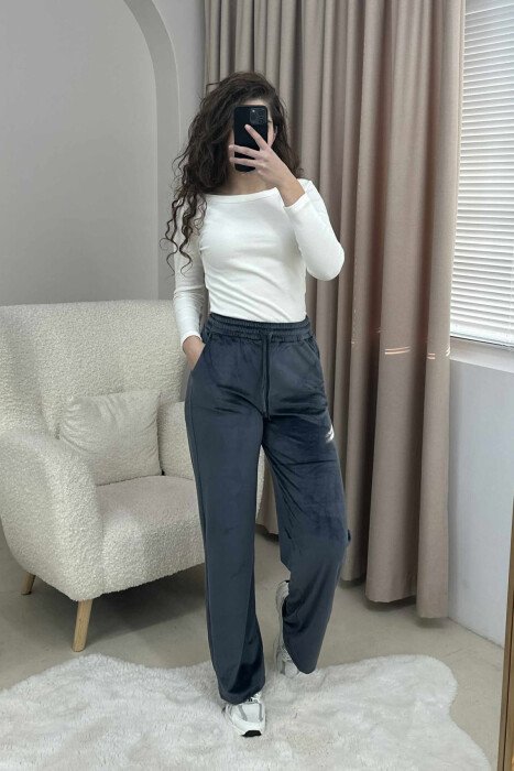 WIDE LEG ONE COLOR VELVET WOMEN SWEATPANTS GREY/GRI - 1