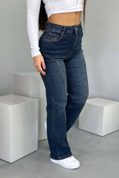 WIDE LEG ONE COLOR WOMAN JEANS DARK BLUE/BEE - KLAUDIO FASHION