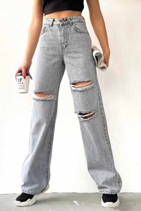 WIDE LEG ONE COLOR WOMAN JEANS LIGHT GREY/GZ - KLAUDIO FASHION