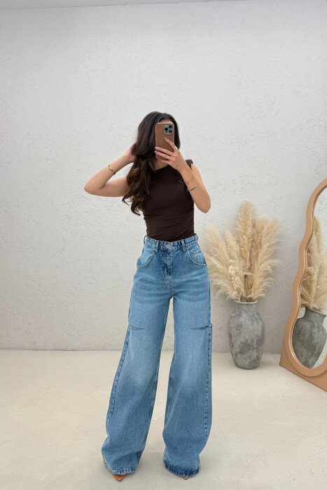 WIDE LEG ONE COLOR WOMAN JEANS LIGHTBLUE/BZ - KLAUDIO FASHION