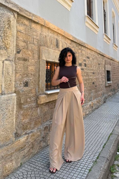 WIDE LEG ONE COLOR WOMAN TROUSERS BEIGE/BEZHE - 1