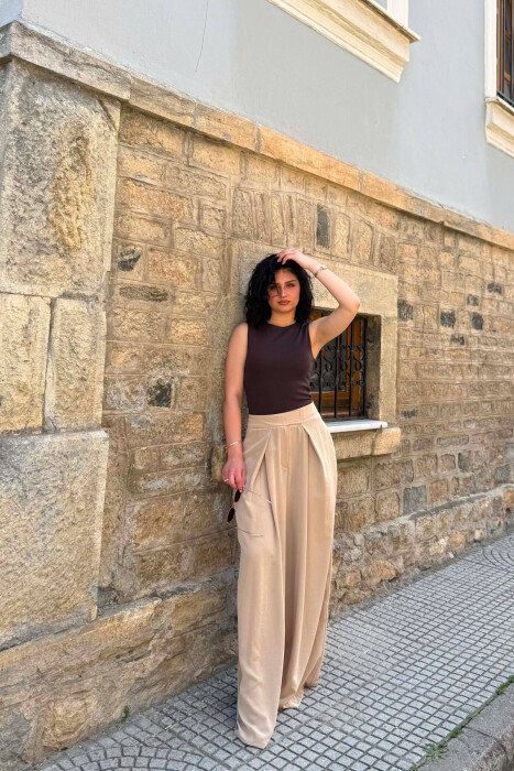 WIDE LEG ONE COLOR WOMAN TROUSERS BEIGE/BEZHE - 3