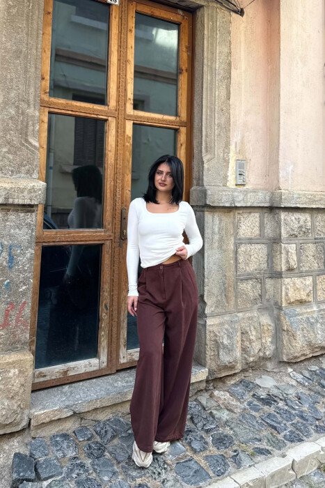 WIDE LEG ONE COLOR WOMAN TROUSERS BROWN/KAFE - KLAUDIO FASHION