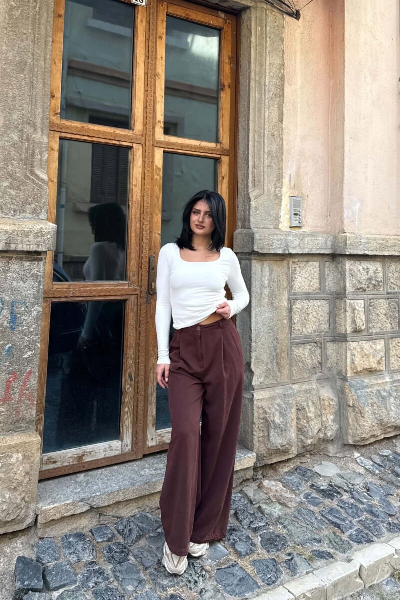 WIDE LEG ONE COLOR WOMAN TROUSERS BROWN/KAFE - 1