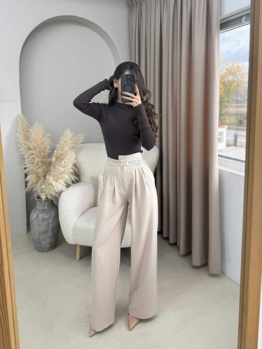 WIDE LEG ONE COLOR WOMAN TROUSERS CREAM/KREM - 1
