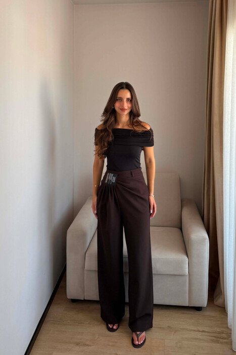 WIDE LEG ONE COLOR WOMAN TROUSERS DARK BROWN/KAE - 