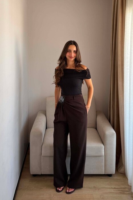 WIDE LEG ONE COLOR WOMAN TROUSERS DARK BROWN/KAE - 2