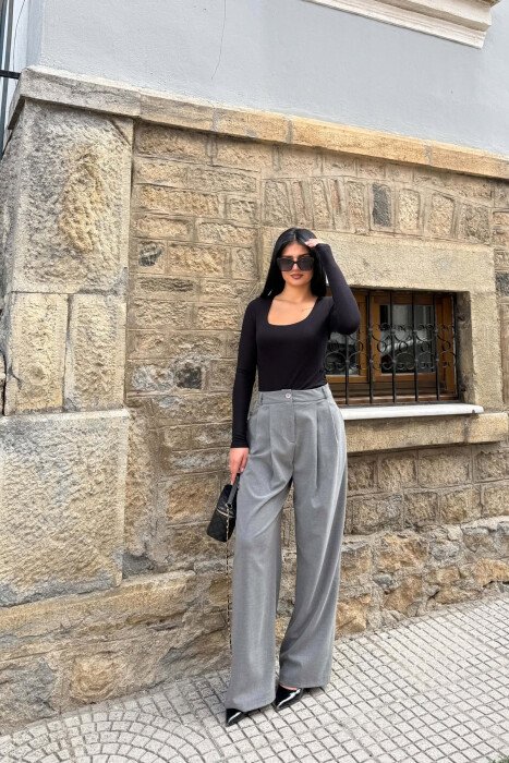 WIDE LEG ONE COLOR WOMAN TROUSERS GREY/GRI - KLAUDIO FASHION